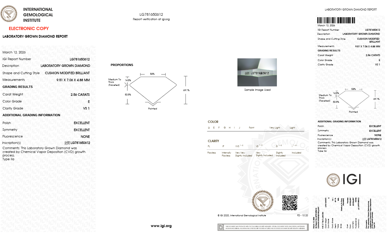 2.56ct Cushion E VS1 Lab-Grown Diamond