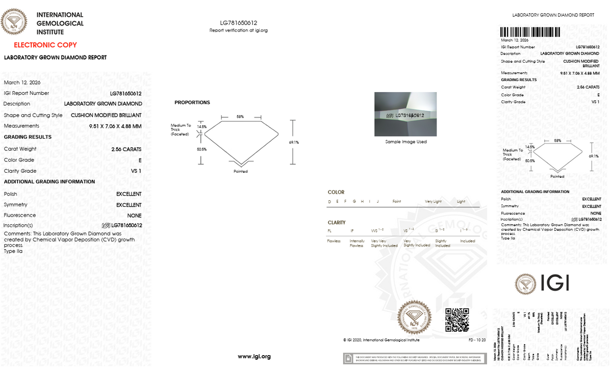 2.56ct Cushion E VS1 Lab-Grown Diamond